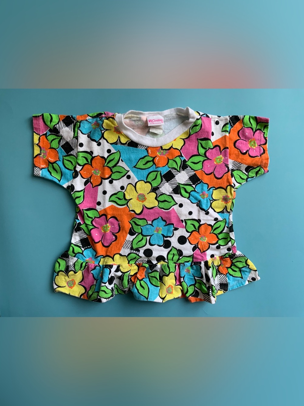 Carter's Vintage 90s Bright Floral Peplum Top with Turquoise and Orange